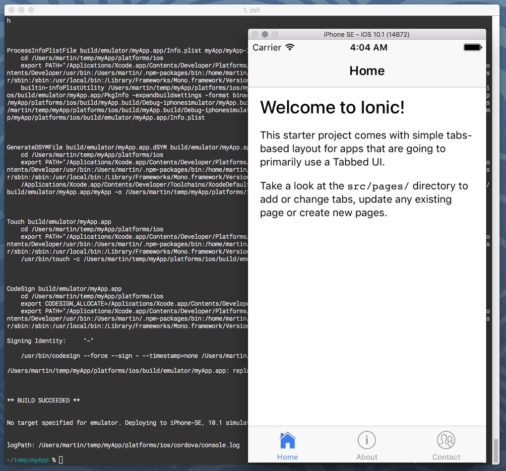 iPhone Emulator mit dem ionic Tabs Beispielprojekt